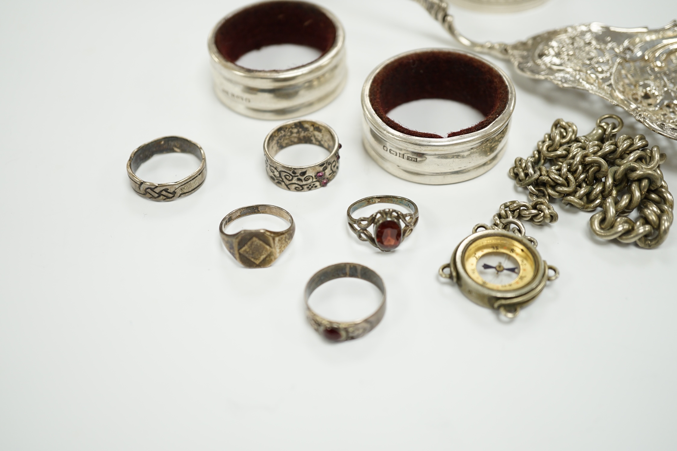 Sundry small silver and white metal items including, napkin ring, continental pierced spoon, etc.